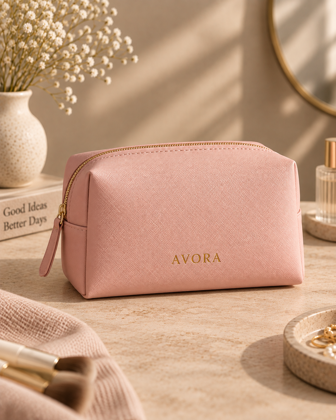 Personalized vanity pouch with name in gold