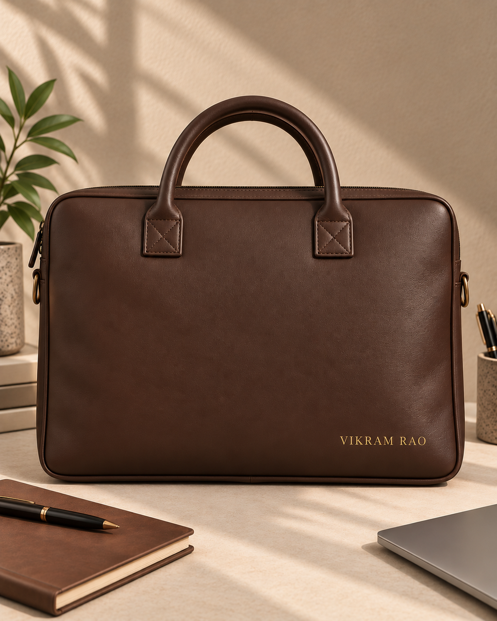 Personalized office bag in tan and grey with name in gold foil