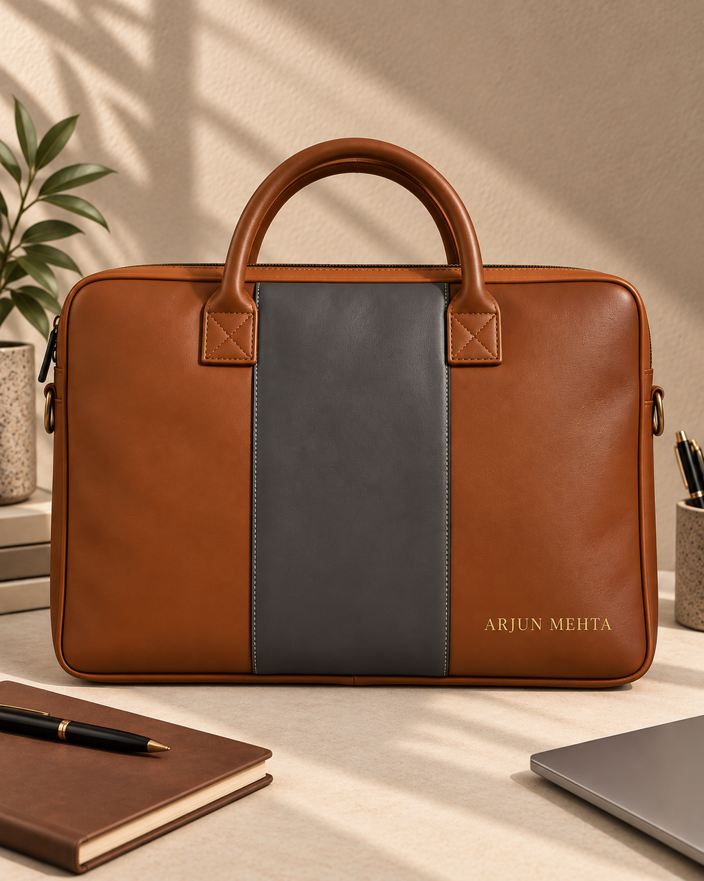 Personalized office bag in dark brown with name in gold foil